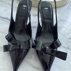 Zara Glossy Black Bow Slingback Heels